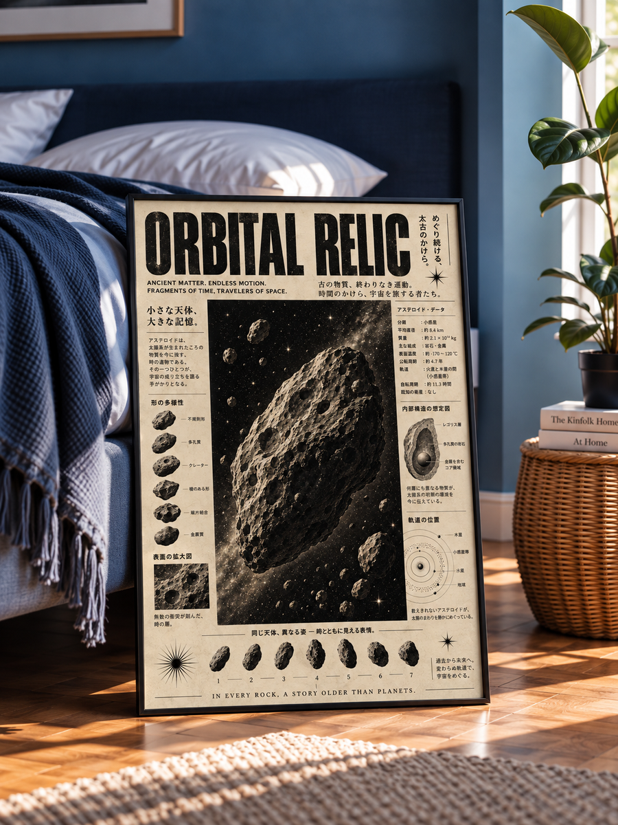 Orbital Relic Asteroid Wall Art displayed in a modern bedroom with vintage astronomy diagrams and detailed celestial imagery