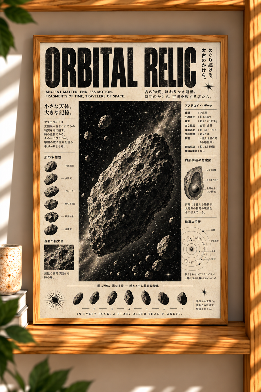 Orbital Relic Asteroid Wall Art shown in a warm interior featuring a large asteroid study and archival science graphics