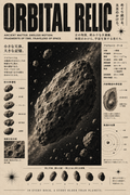 Asteroid wall art poster print featuring cratered rock, orbit diagrams, and starfield text