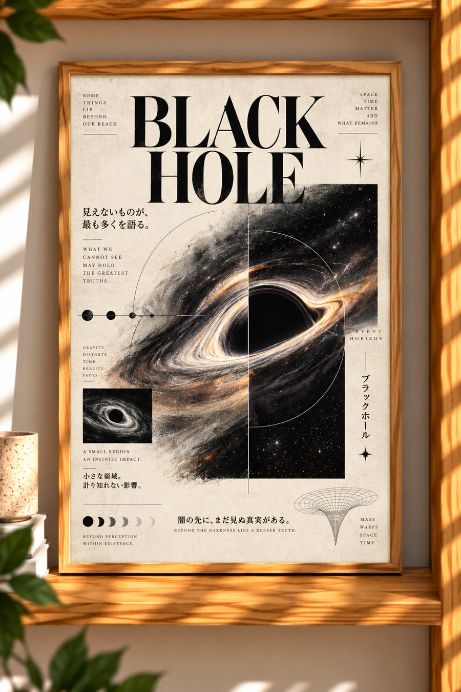 Black Hole Wall Art shown in a warm interior setting with deep space imagery, orbital details and retro science typography
