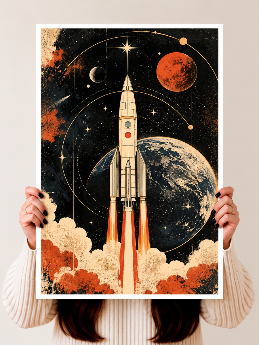 Rocket Launch Wall Art presented as a vertical space print featuring a rocket launch surrounded by planets and cosmic scenery
