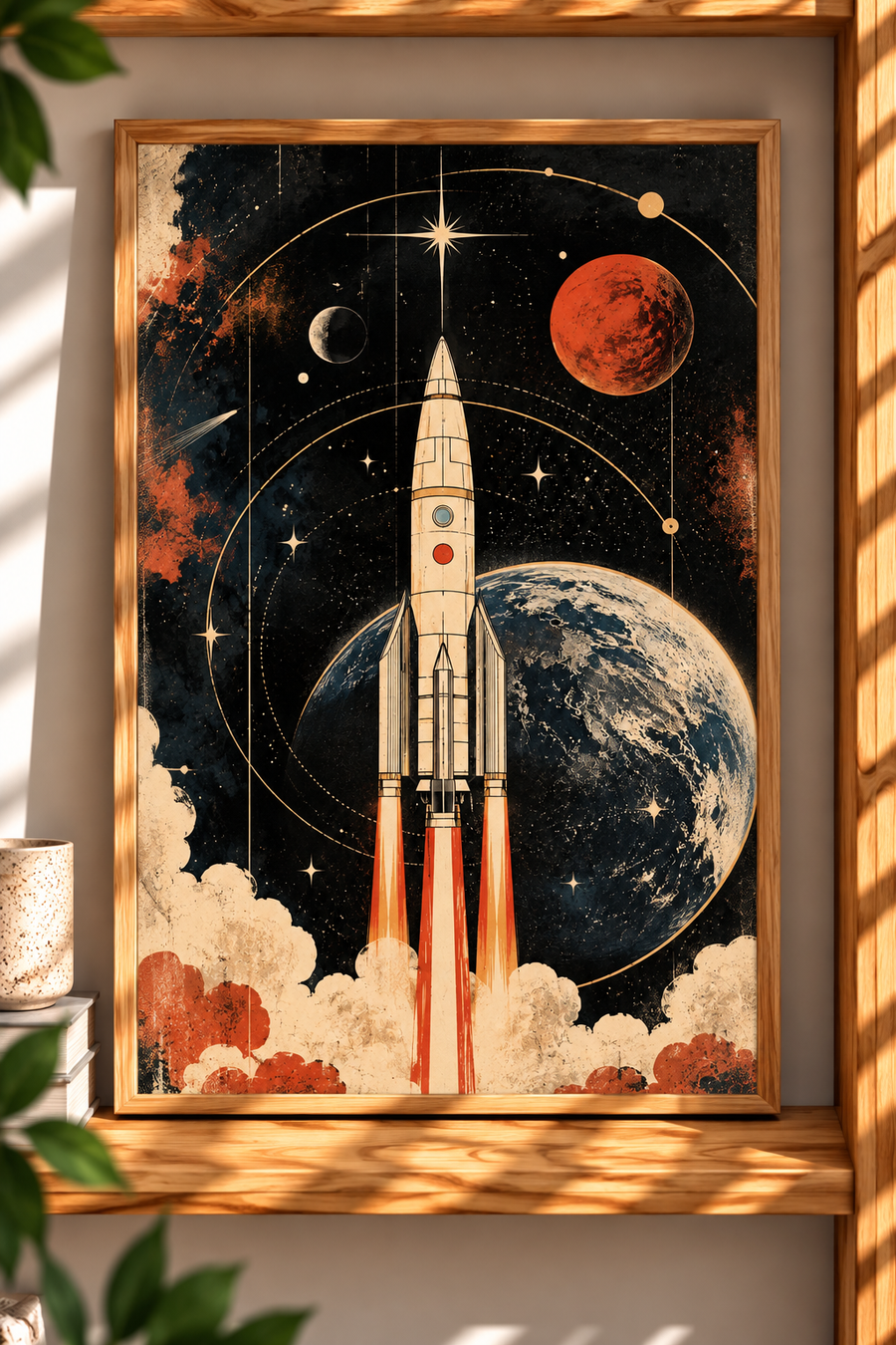 Rocket Launch Wall Art shown in a warm framed interior setting with a vintage rocket, planetary imagery and dramatic launch clouds