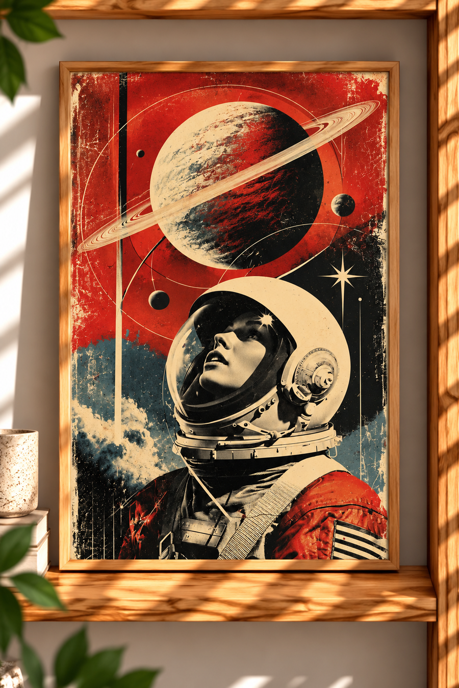 Astronaut Wall Art shown in a warm interior setting with a retro astronaut portrait, ringed planet and distressed space imagery