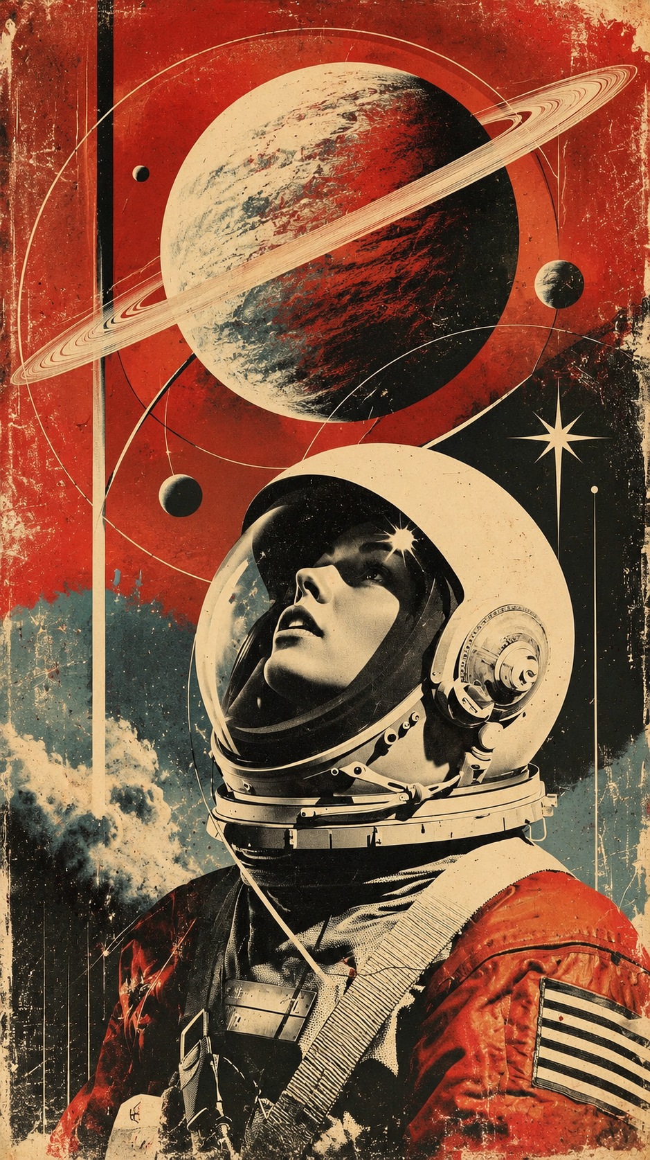 Astronaut Wall Art close up featuring an astronaut helmet, Saturn and layered vintage astronomy graphics in red and cream tones