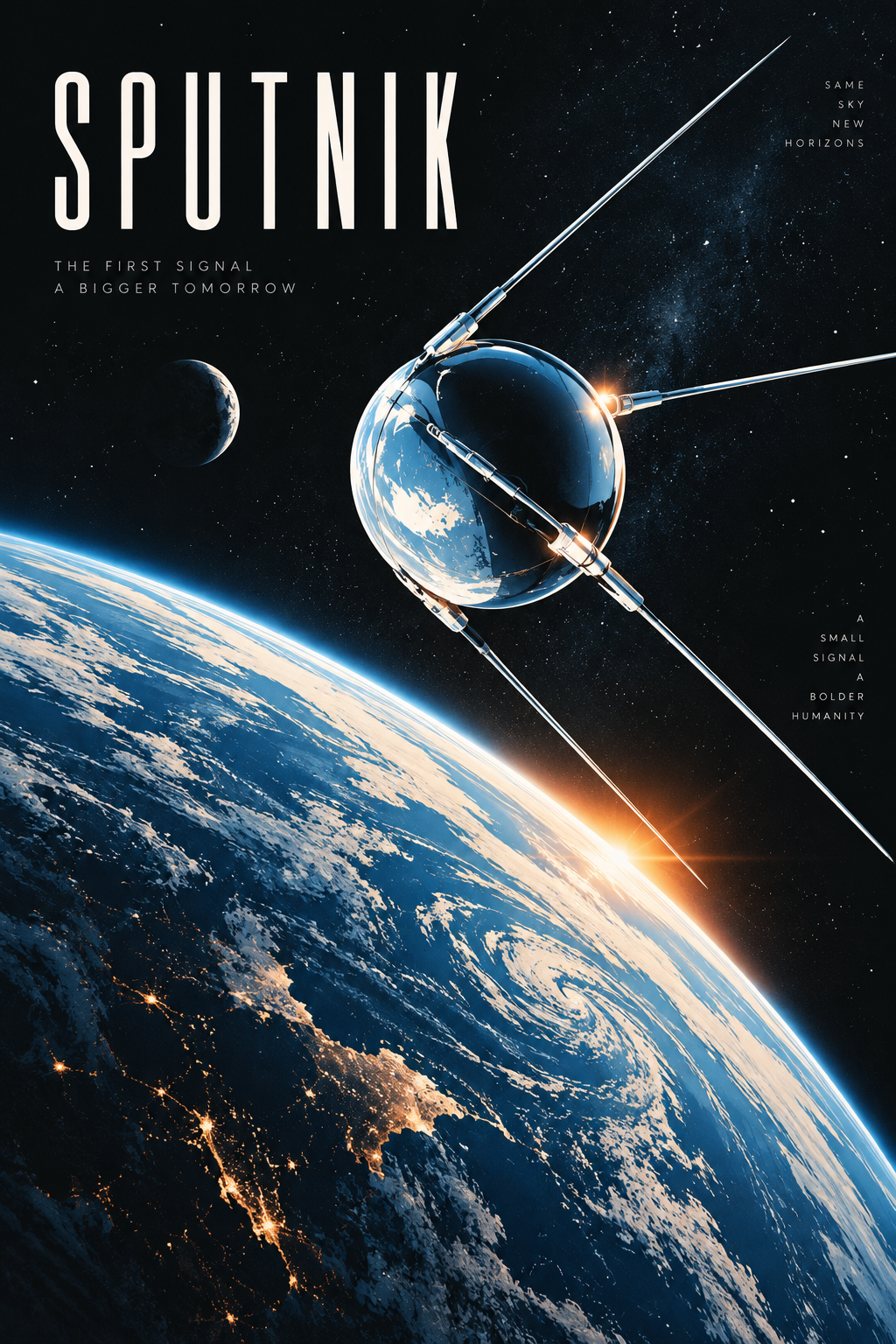 Sputnik Wall Art close up highlighting the spacecraft, glowing Earth horizon and detailed orbital space composition