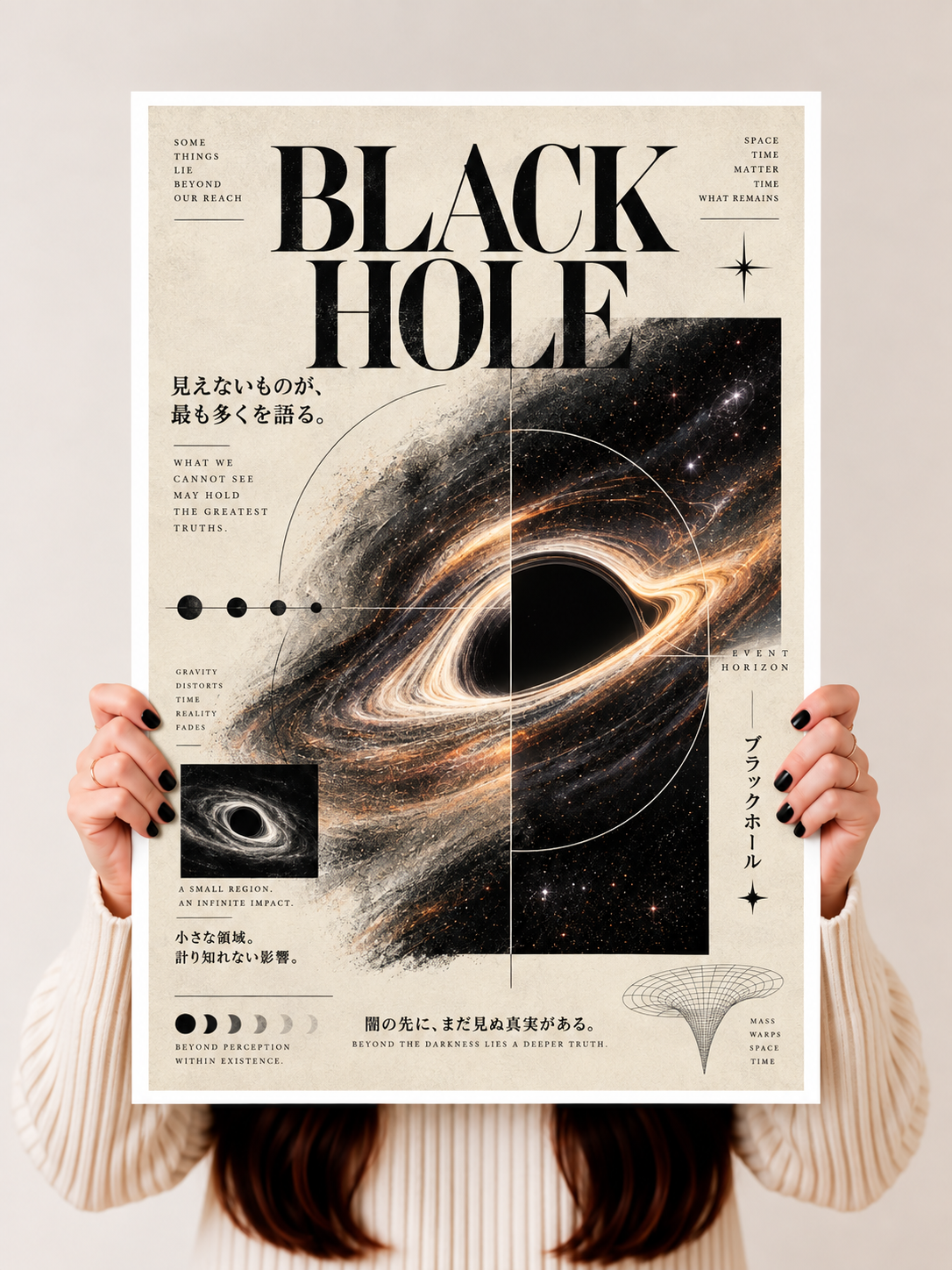 Unframed black hole poster held in hands, beige sheet with title and galaxy artwork