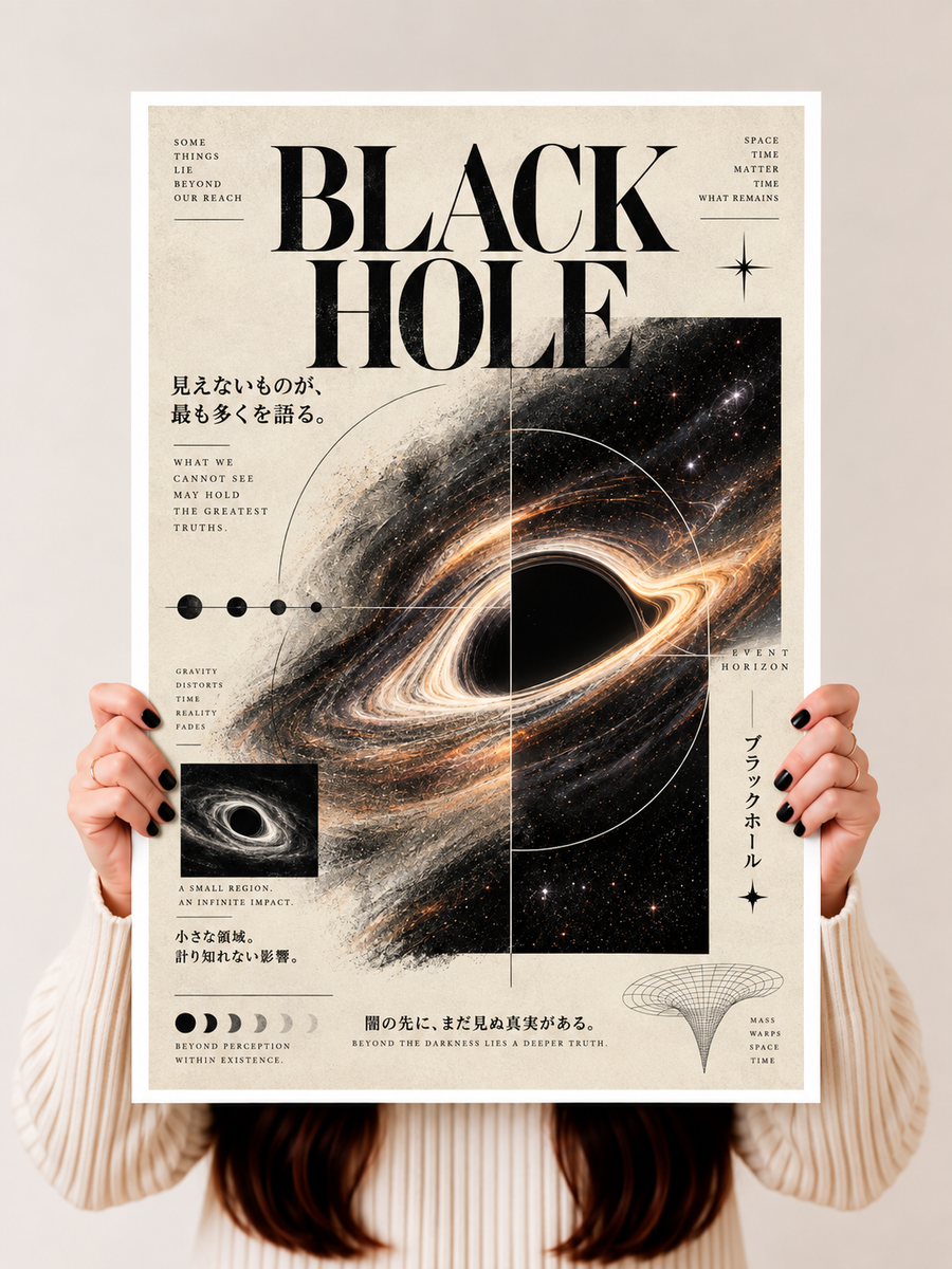 Black Hole Wall Art held upright featuring a striking black hole illustration with celestial details and vintage scientific styling