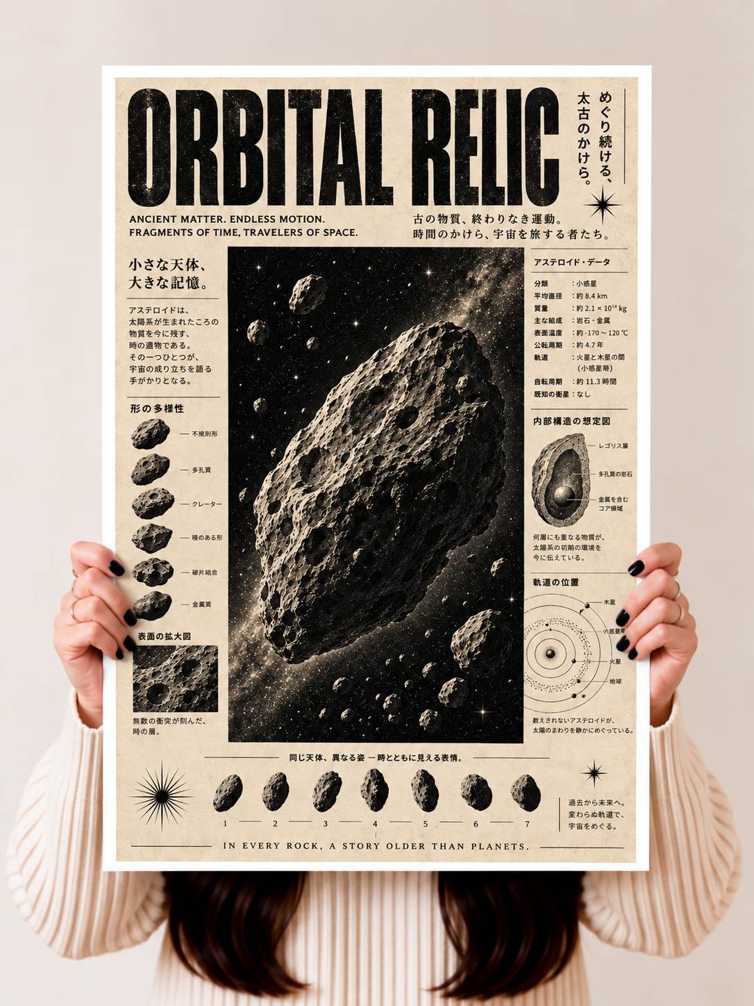 Asteroid poster held in two hands, showing a cratered rock, orbital diagrams and the ORBITAL RELIC title