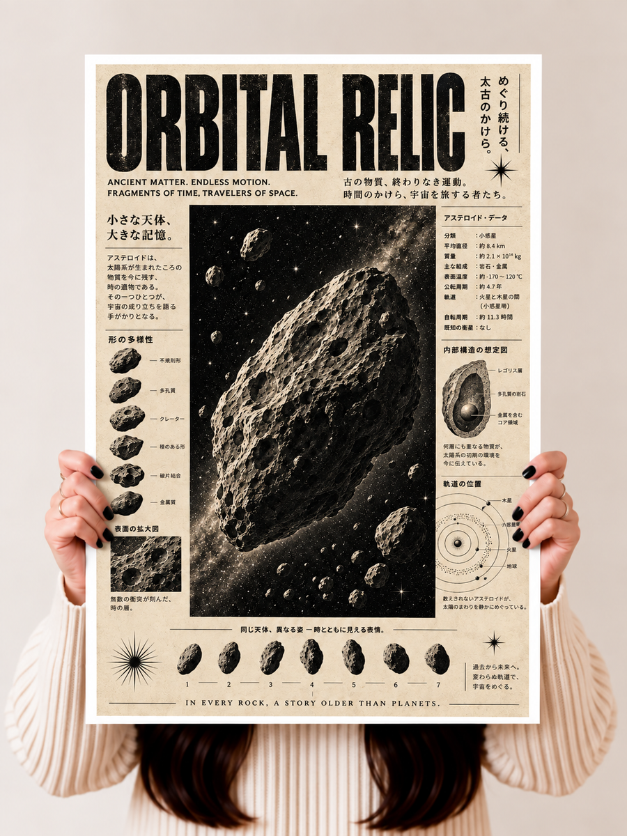 Orbital Relic Asteroid Wall Art held upright featuring vintage scientific diagrams and a detailed astronomical study