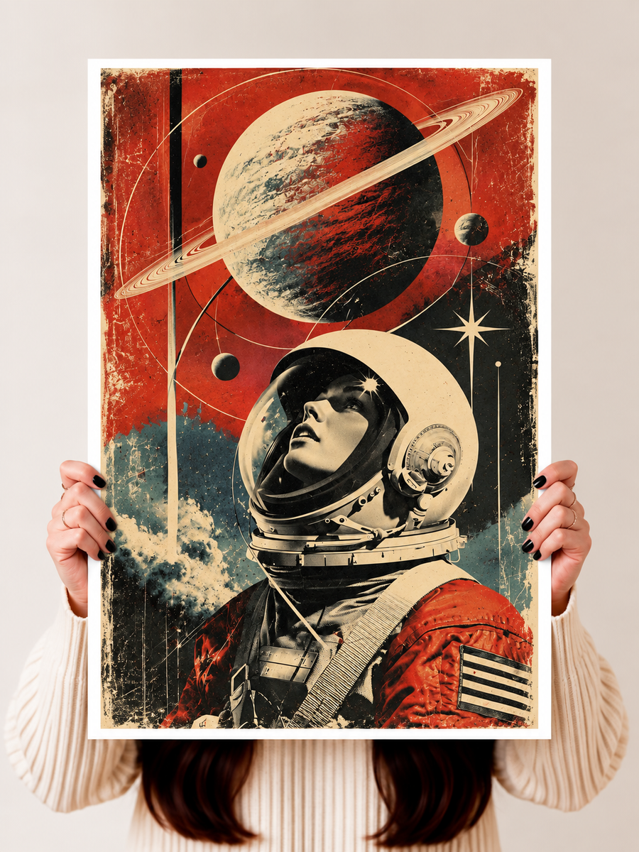 Astronaut Wall Art held upright showcasing a retro space explorer portrait with planetary imagery and cosmic graphic details