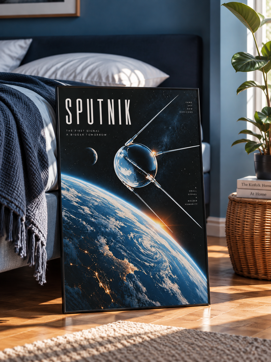 Sputnik Wall Art displayed in a modern bedroom featuring a satellite orbiting above the illuminated curve of Earth