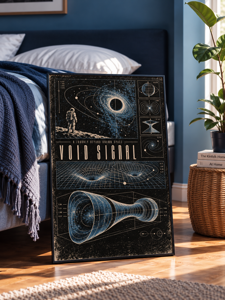 Black Hole Diagram Art displayed in a modern bedroom featuring celestial diagrams, gravitational forms and vintage astronomy details