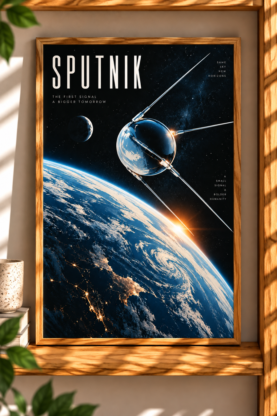 Sputnik Wall Art shown in a warm interior setting with deep blue space, Earth and a metallic satellite in orbit
