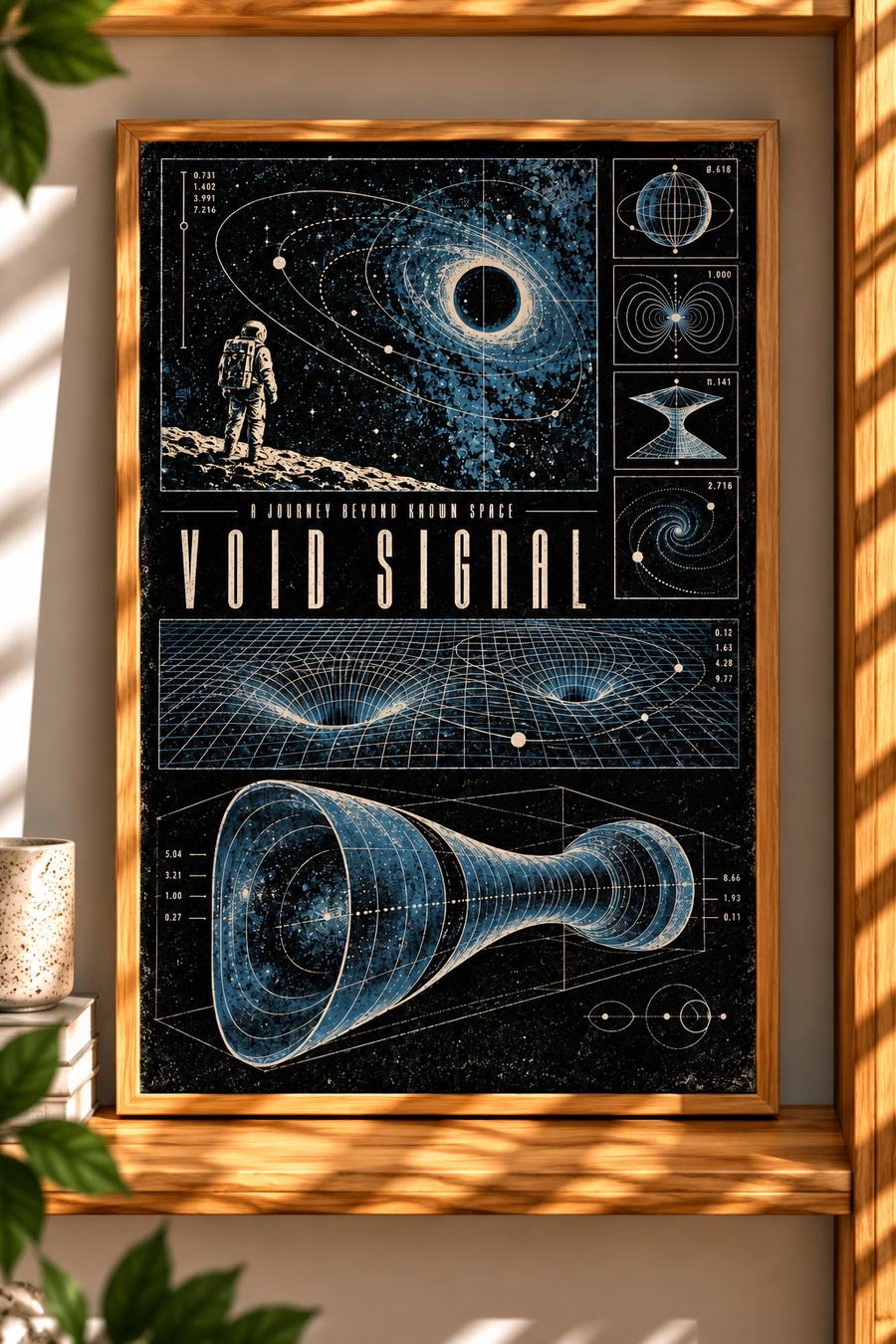 Black Hole Diagram Art shown in a warm interior setting with scientific space illustrations and detailed cosmic charts