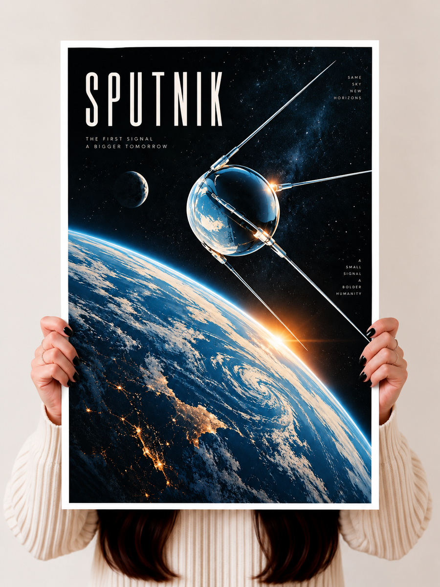 Sputnik Wall Art held upright featuring a dramatic satellite above Earth with atmospheric light and dark cosmic scenery