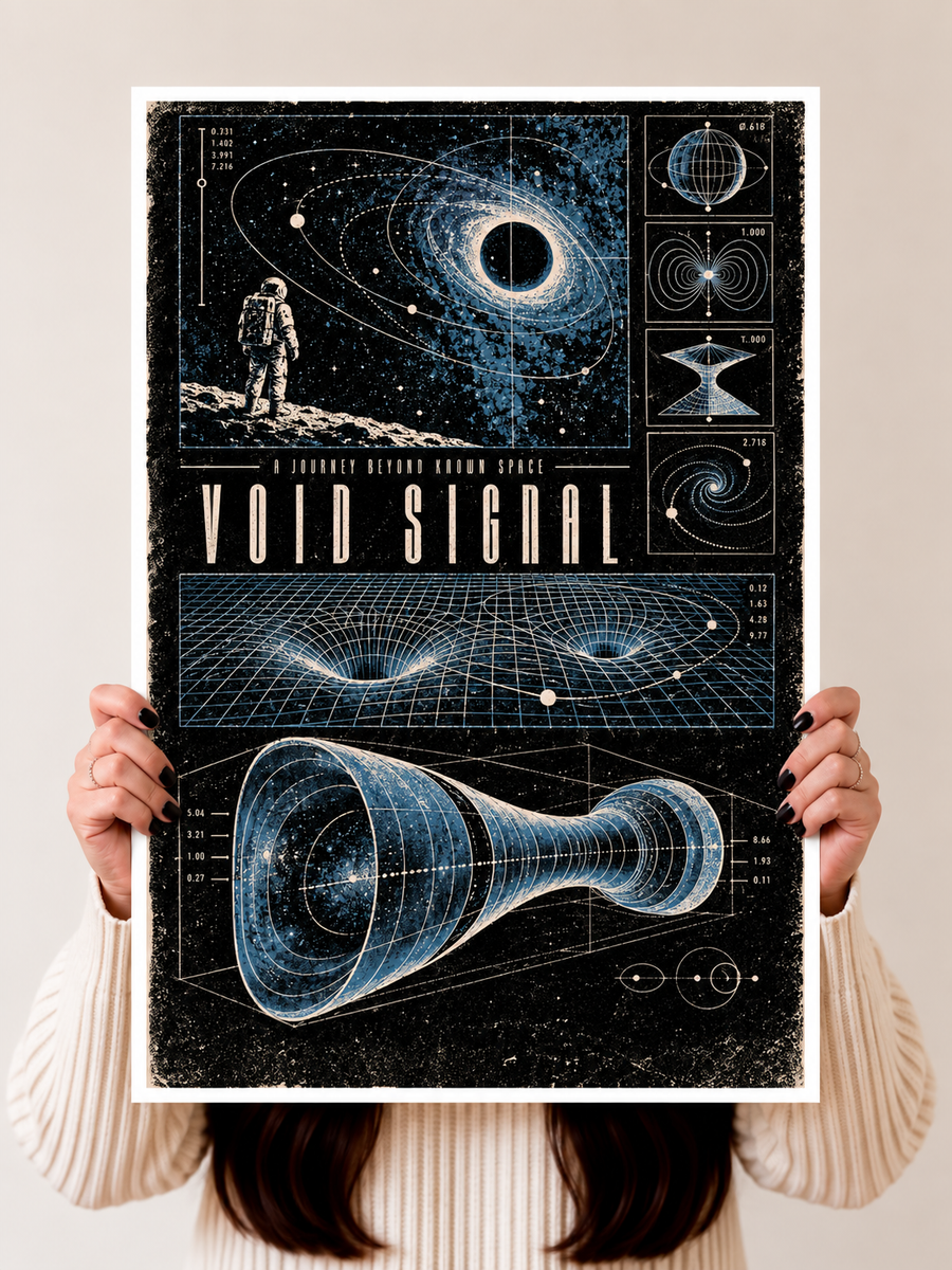 Black Hole Diagram Art held upright featuring black hole studies, celestial symbols and vintage astrophysics inspired graphics