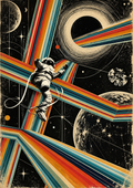 Space-themed wall art poster with astronaut on rainbow-striped space landscape