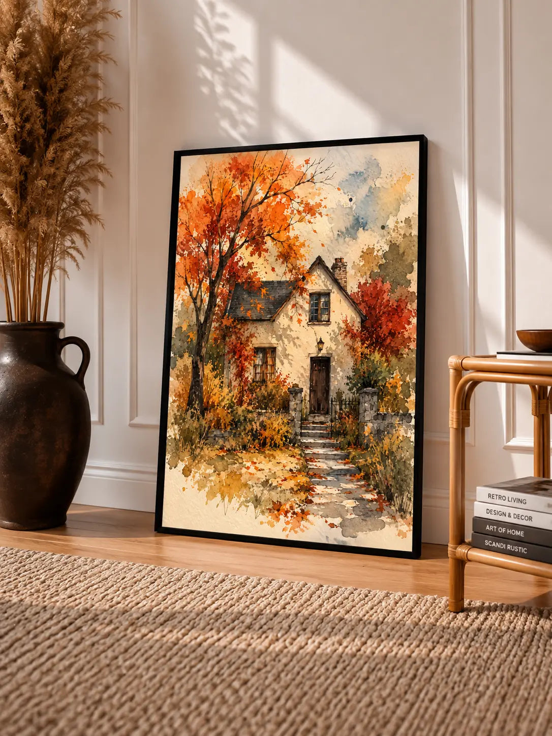 Black-framed watercolor cottage art print with autumn trees and garden path