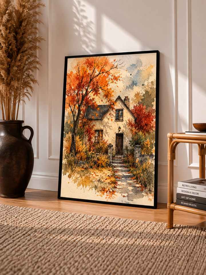 Autumn Cottage Watercolor Art Print displayed in a slim black frame, bringing fiery fall foliage into a warm neutral interior