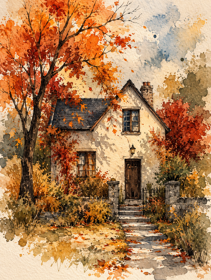 Autumn Cottage Watercolor Art Print shown unframed with a quiet cottage nestled among vivid orange and golden autumn leaves