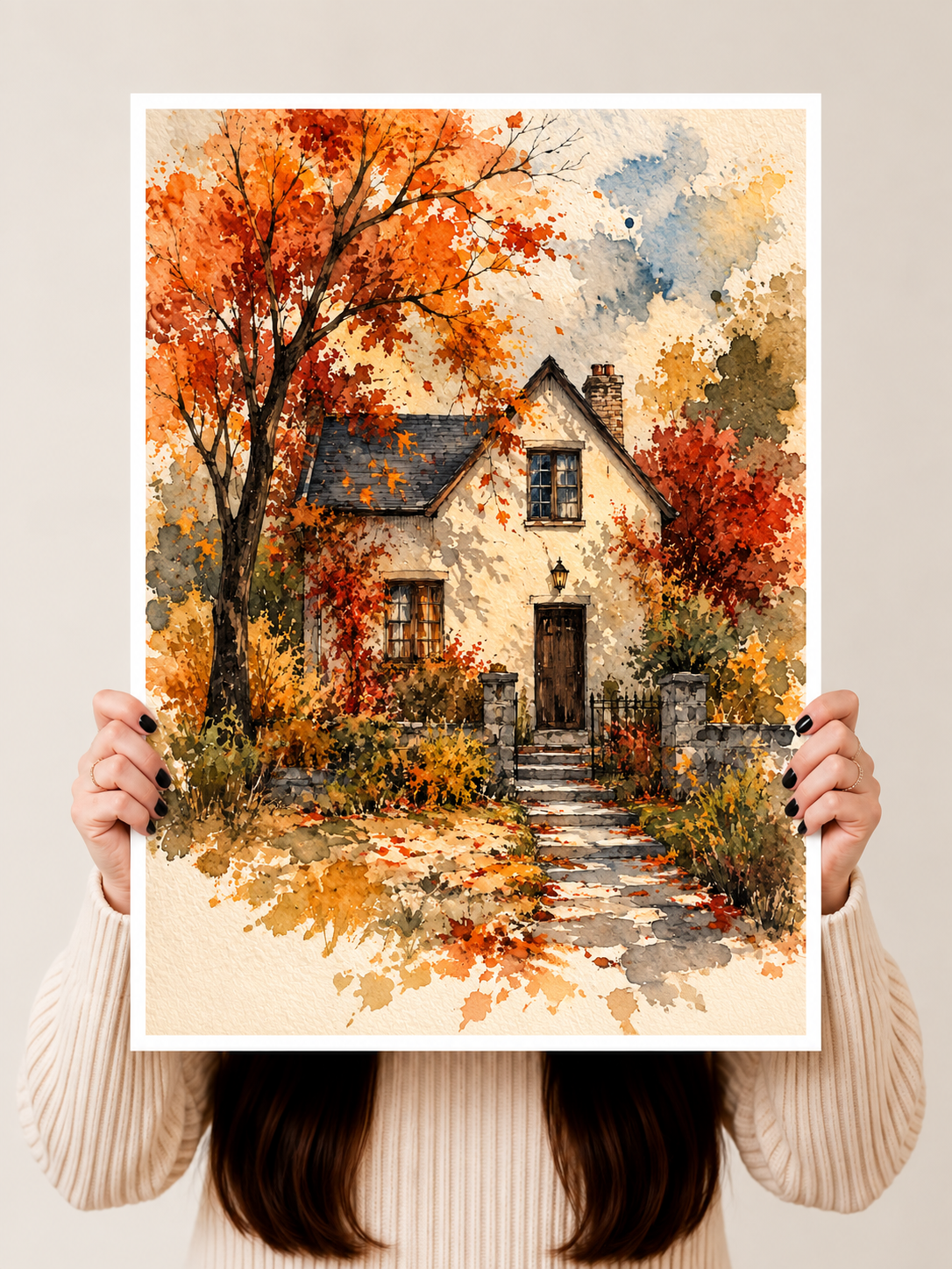 Autumn Cottage Watercolor Art Print held upright to reveal a secluded country house surrounded by glowing orange trees