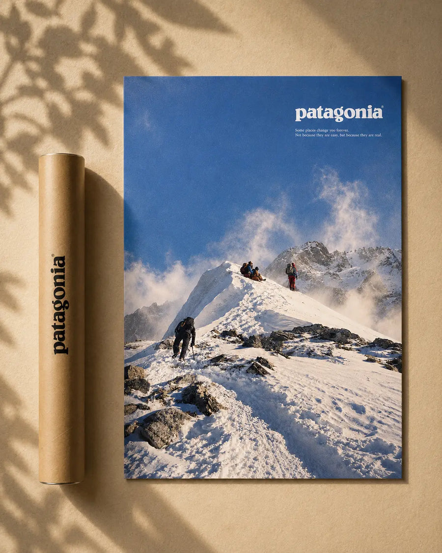 Snow Peak wall art poster on wall, snowy mountain ridge with hikers, Patagonia logo
