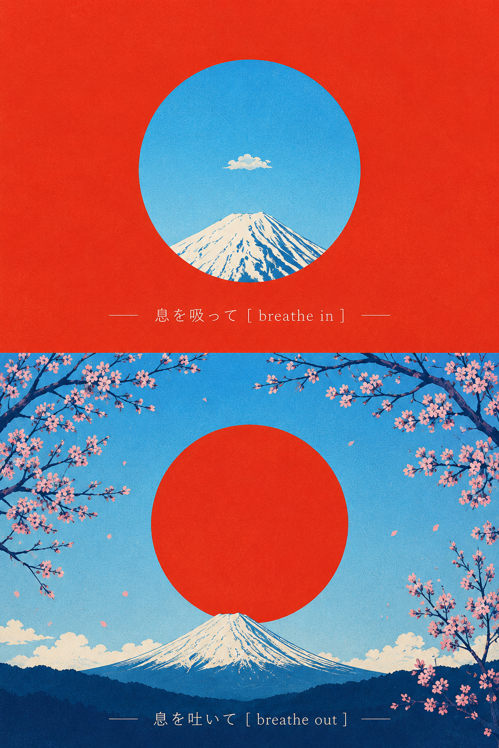 Red Sun Japanese Landscape Art Print featuring mountain silhouettes, ocean waves and a striking red sun