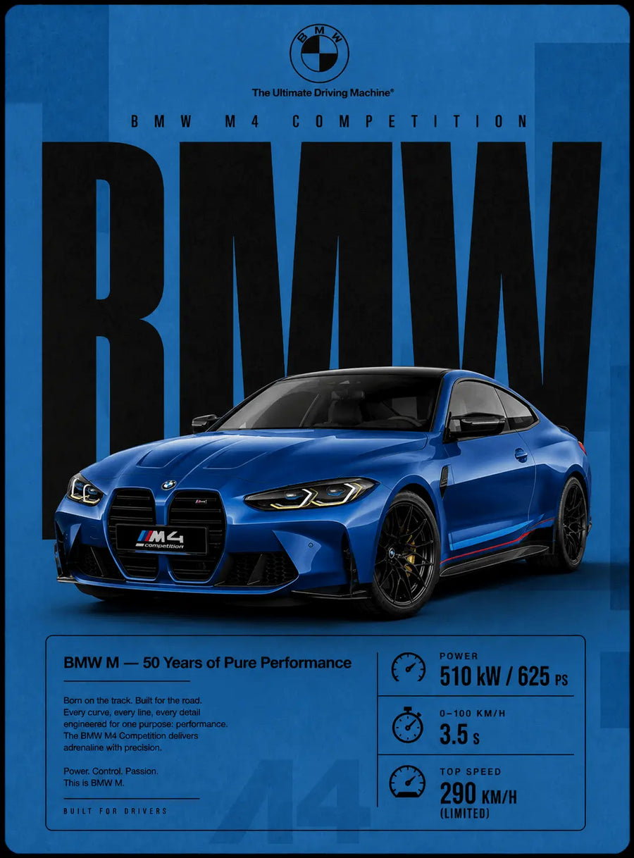 Blue sports car print poster featuring BMW M4 front view with power and speed stats