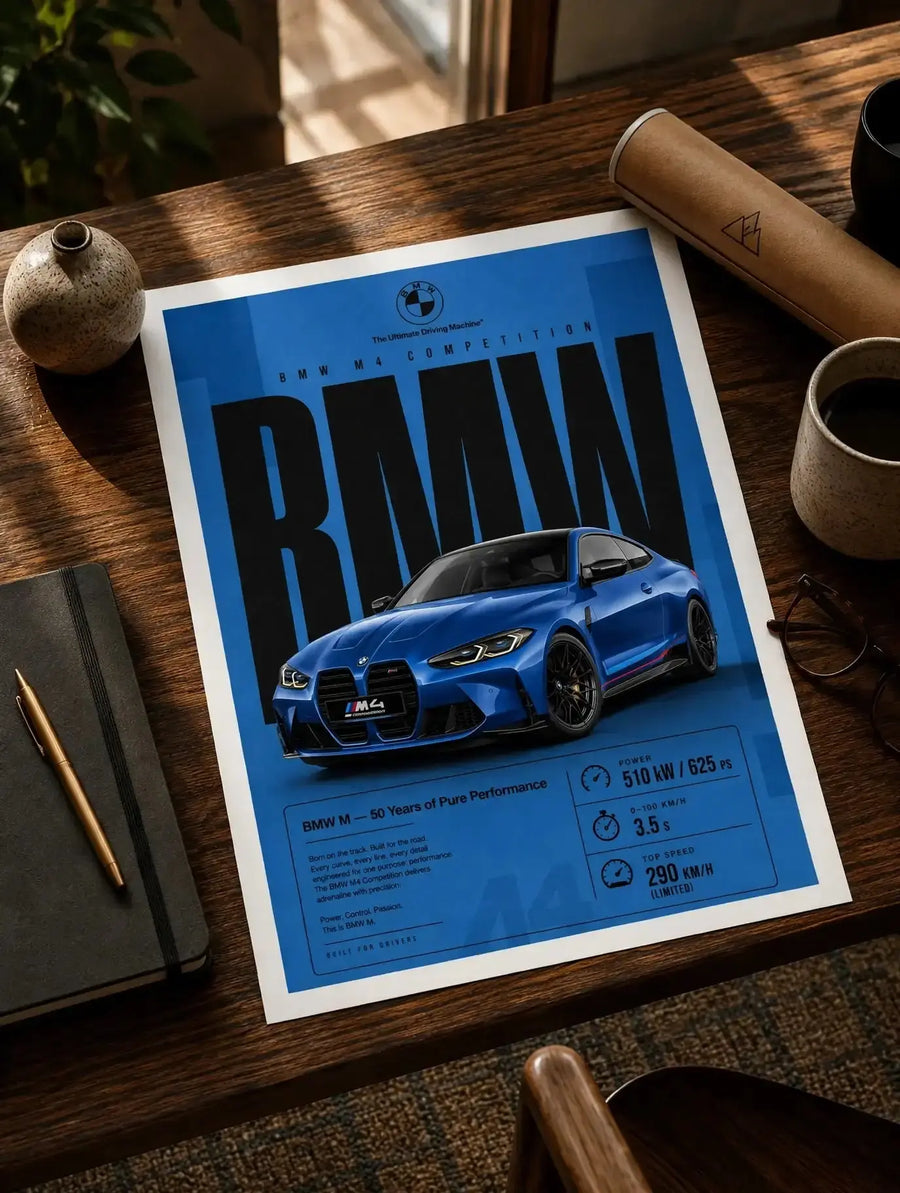 Blue sports car print poster with white border showing BMW M4 front view