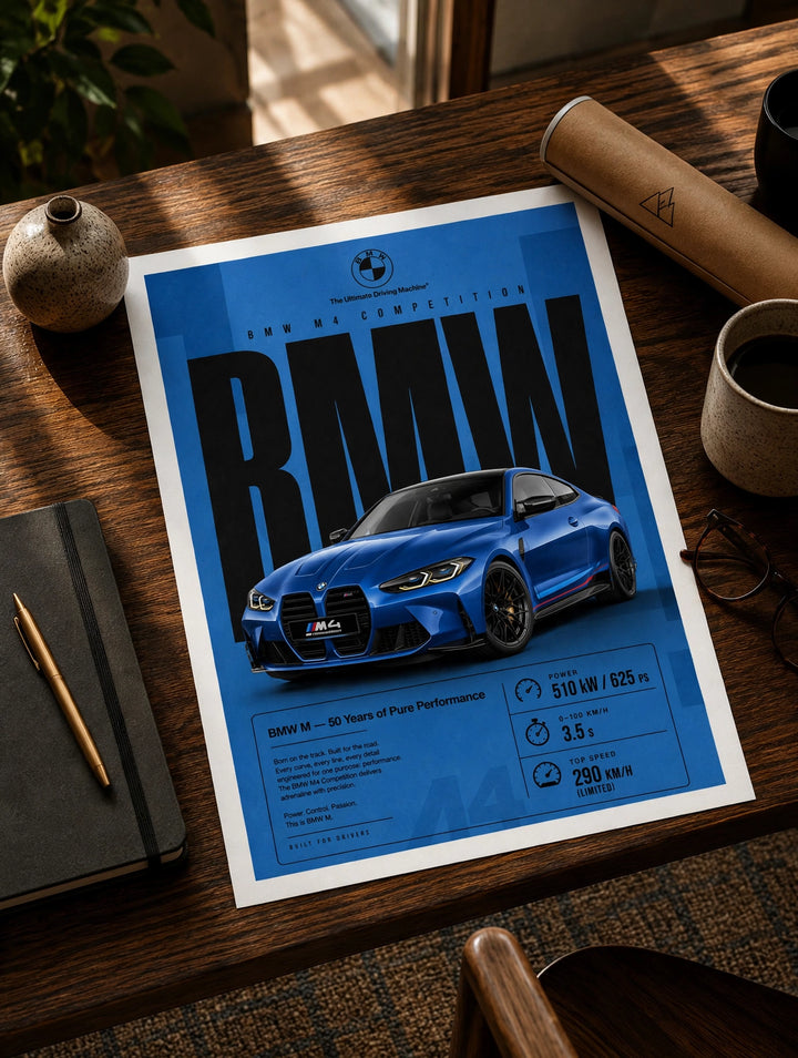 Sports car print poster with blue BMW M4 and bold BMW-themed lettering
