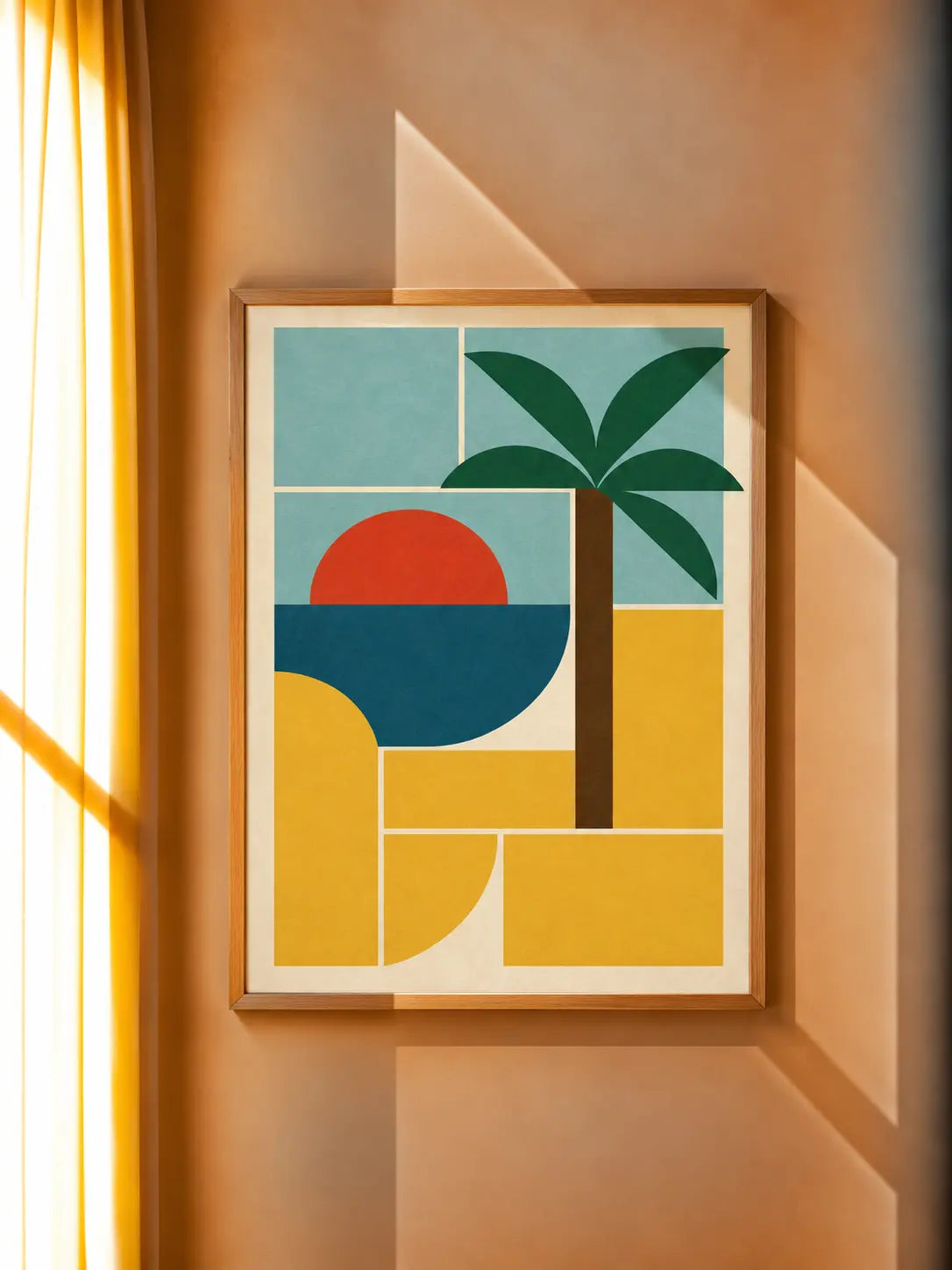 Bauhaus-style tropical art print in light wood frame, blocky palm and abstract forms