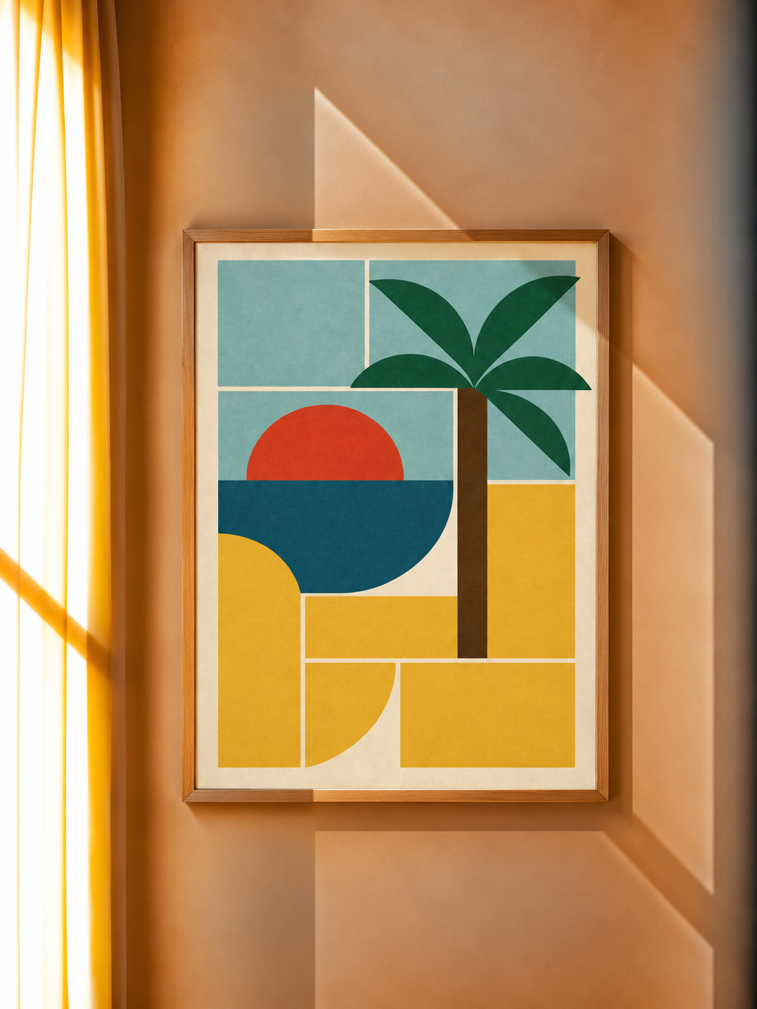 Bauhaus Tropical Art Print displayed in a warm modern interior with colorful geometric scenery