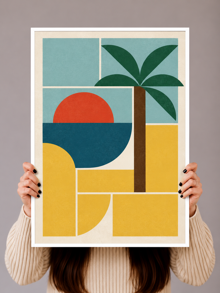 Bauhaus Tropical Art Print featuring teal, mustard yellow and red forms in an abstract coastal landscape
