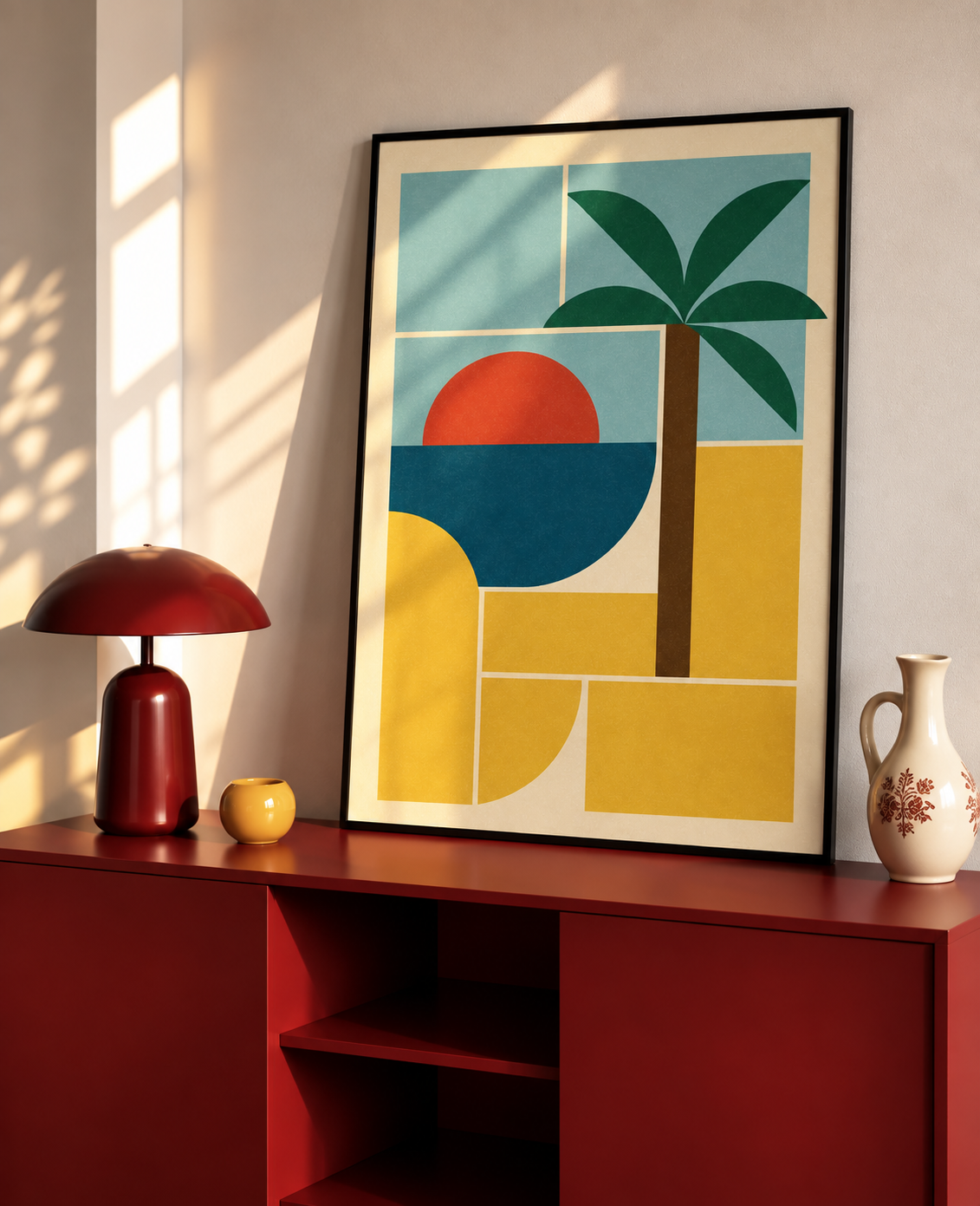 Bauhaus Tropical Art Print with a stylized palm tree, geometric sunset and bold yellow shapes