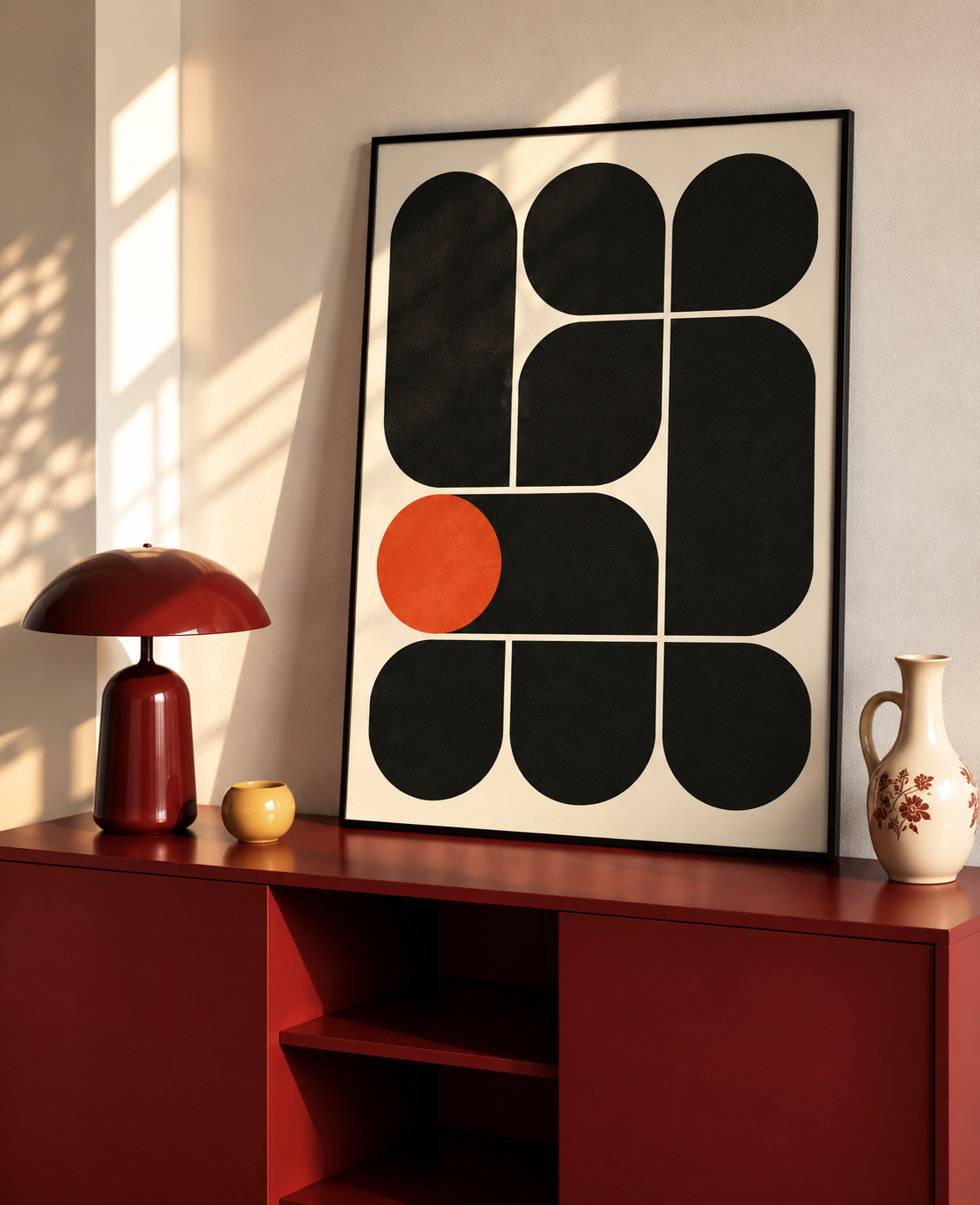 Bauhaus Modular Art Print with rounded black forms arranged around a vivid orange circular accent