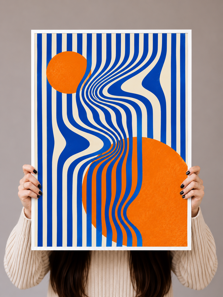 Bauhaus Wave Art Print displayed in a warm modern interior with expressive optical line artwork