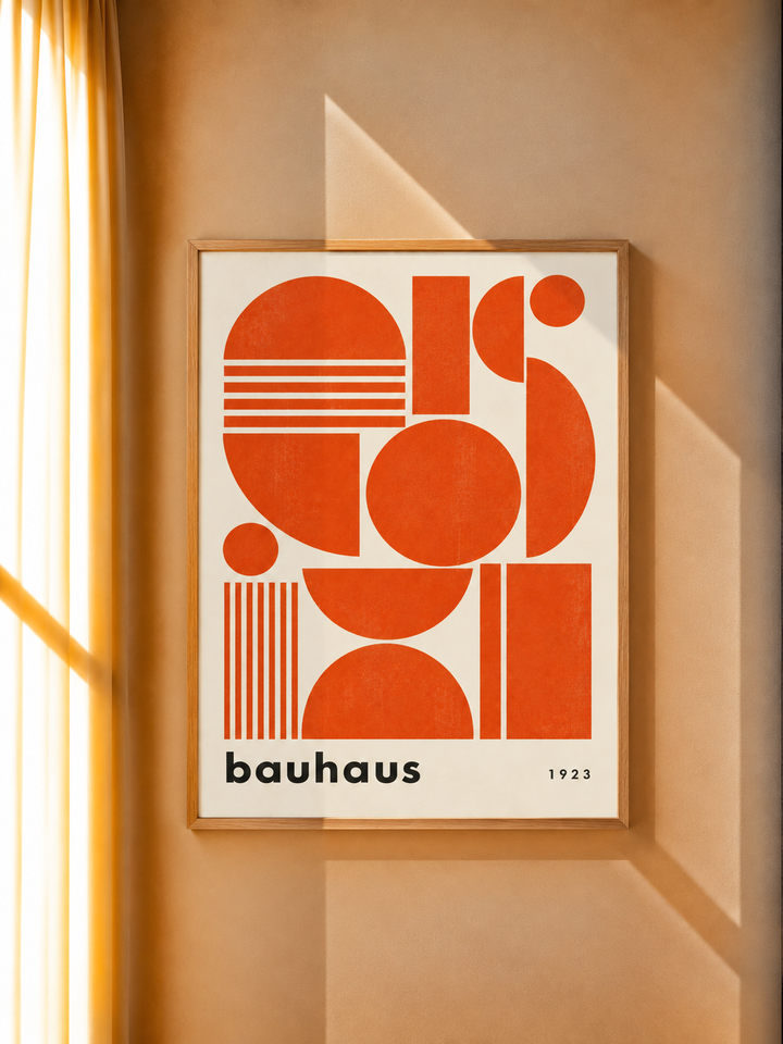 Orange Bauhaus Art Print displayed in a warm interior with coordinated retro inspired decor