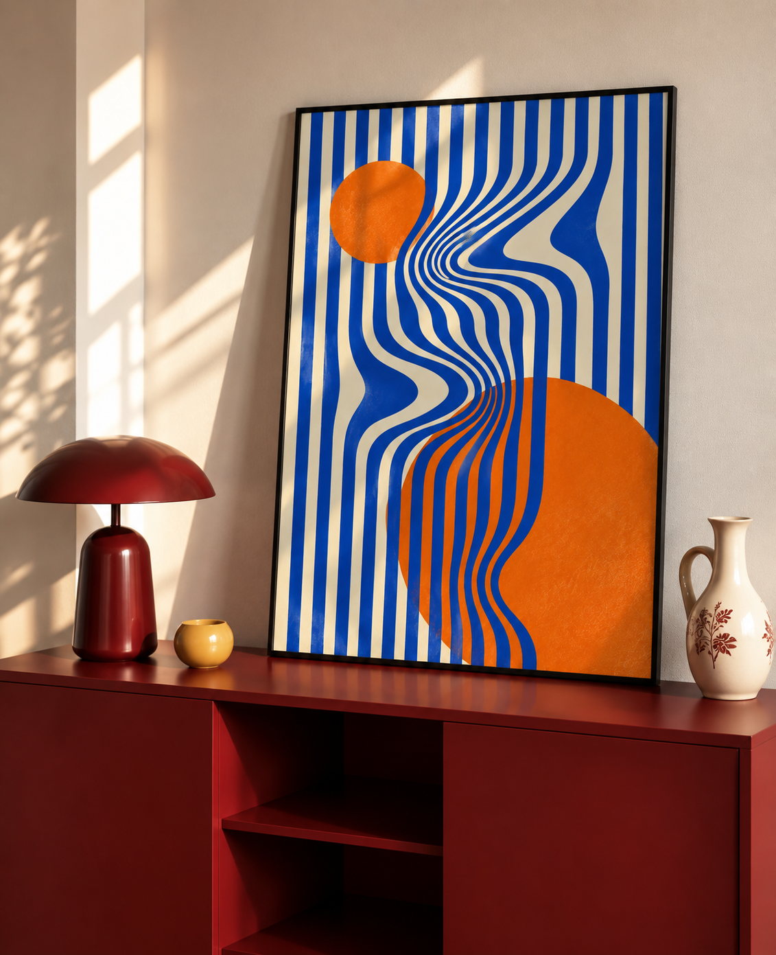 Bauhaus Wave Art Print with flowing blue lines and bold orange abstract shapes on a cream background