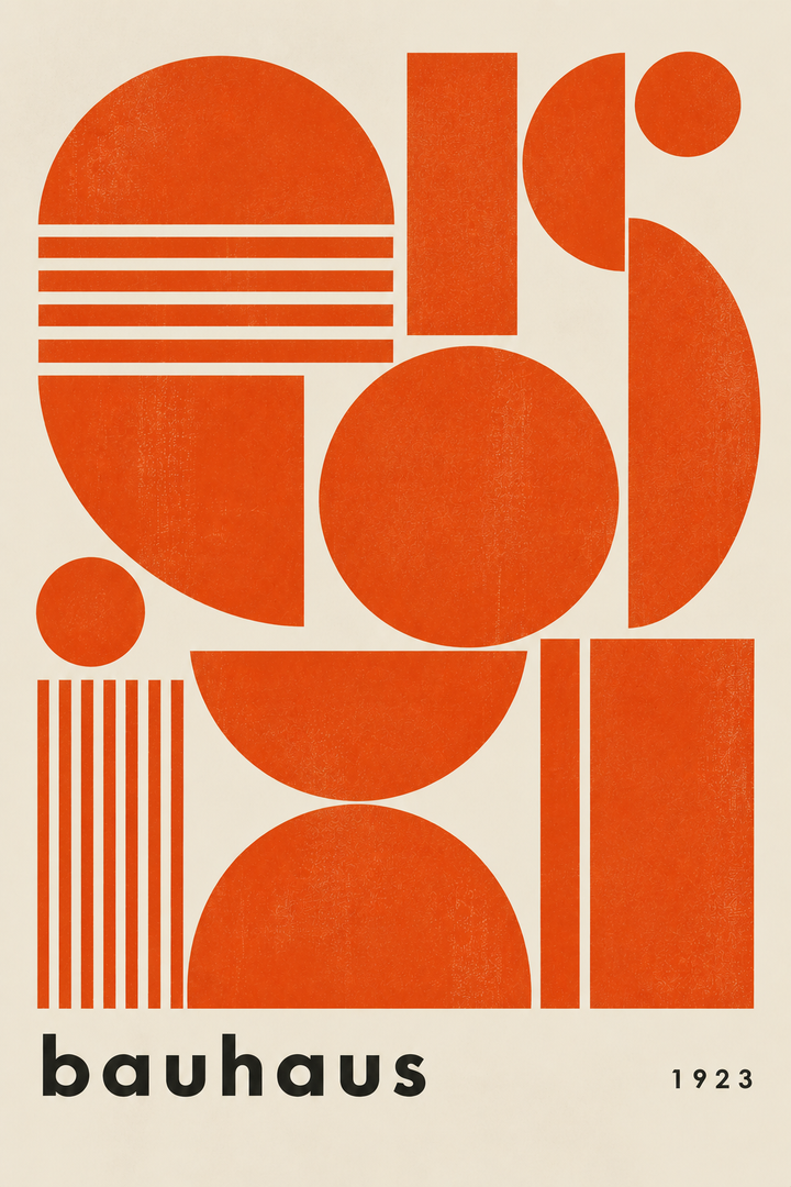 Orange Bauhaus Art Print featuring layered abstract forms and rhythmic line patterns in warm orange tones