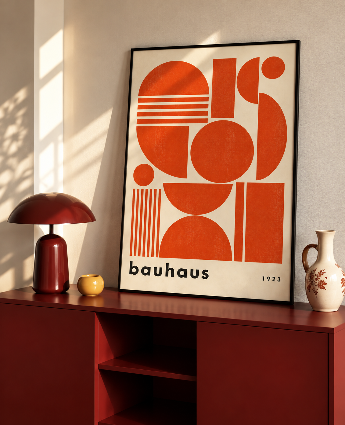 Orange Bauhaus Art Print with bold modular shapes and curved geometric forms on a cream background