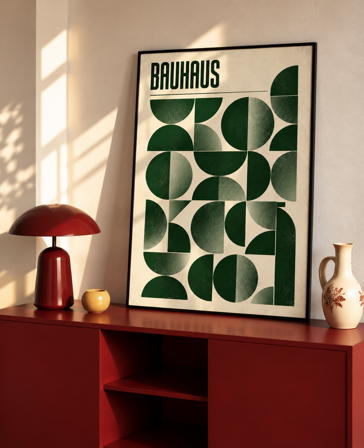 Green Bauhaus Art Print with repeating semicircle forms arranged in a bold modular grid