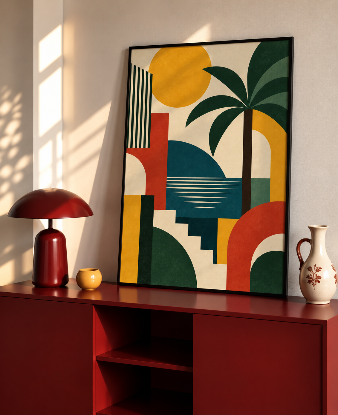 Bauhaus Palm Tree Art Print with stylized green palms surrounded by colorful geometric arches