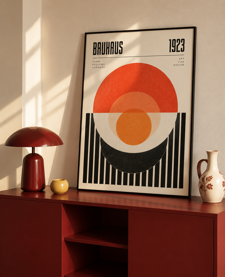 Bauhaus Geometric Art Print with bold orange circles, black lines and structured modernist forms