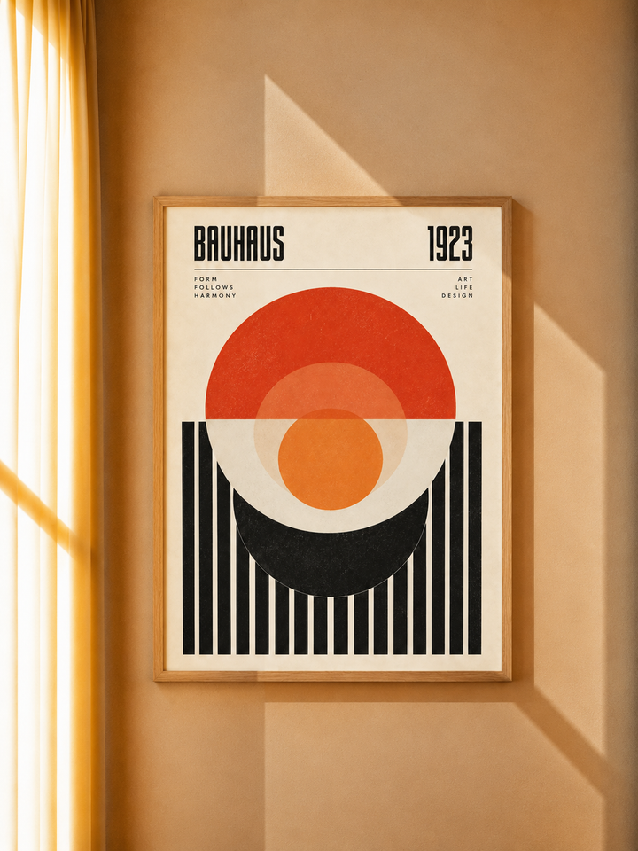 Bauhaus Geometric Art Print featuring warm red and orange shapes over a graphic cream background