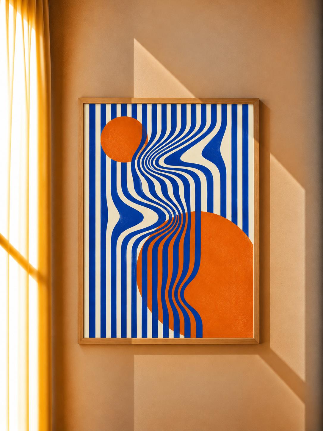 Bauhaus Wave Art Print featuring wavy geometric patterns and vivid blue orange color contrast