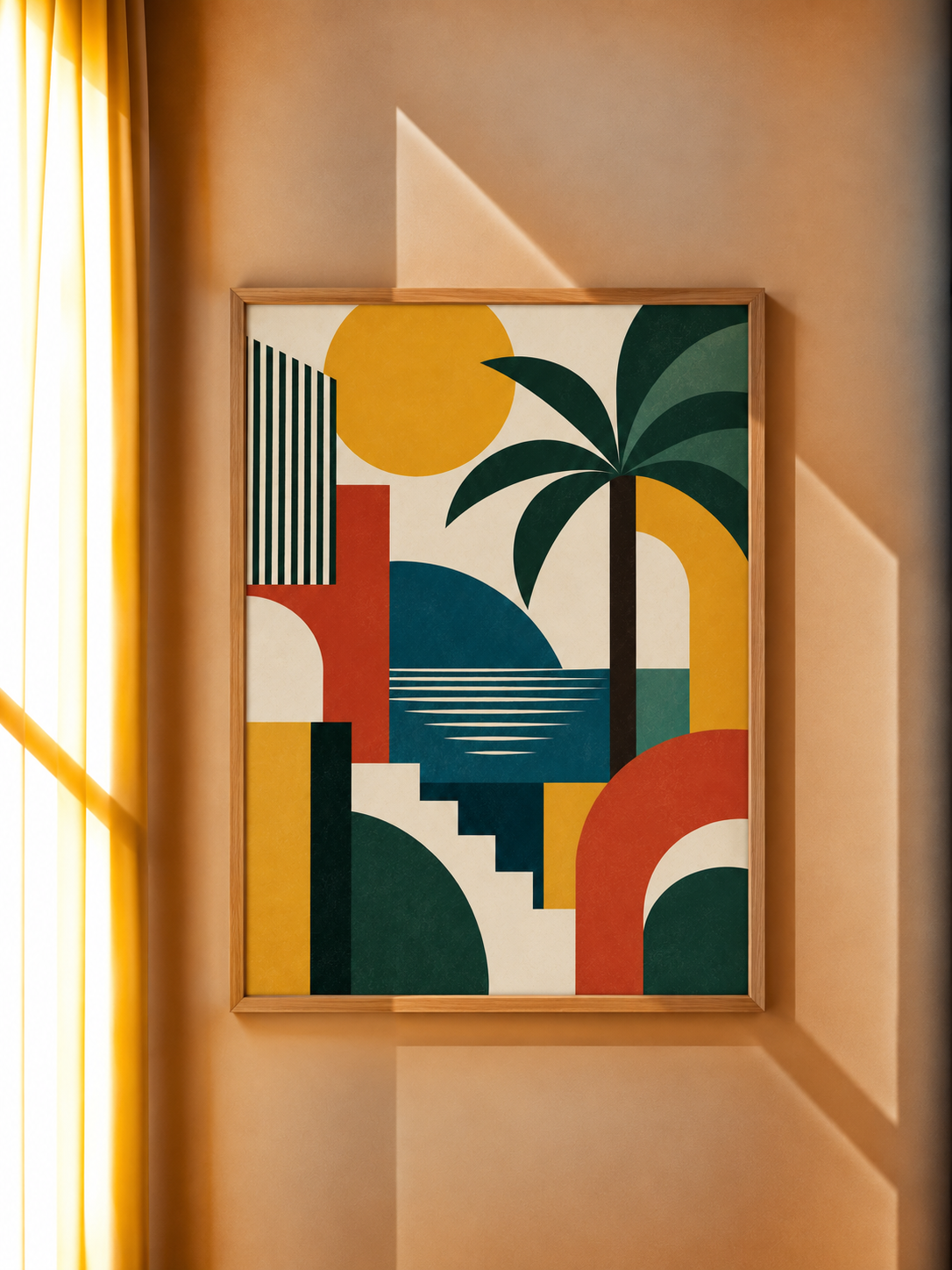 Bauhaus Palm Tree Art Print featuring tropical foliage, a golden sun and layered architectural shapes