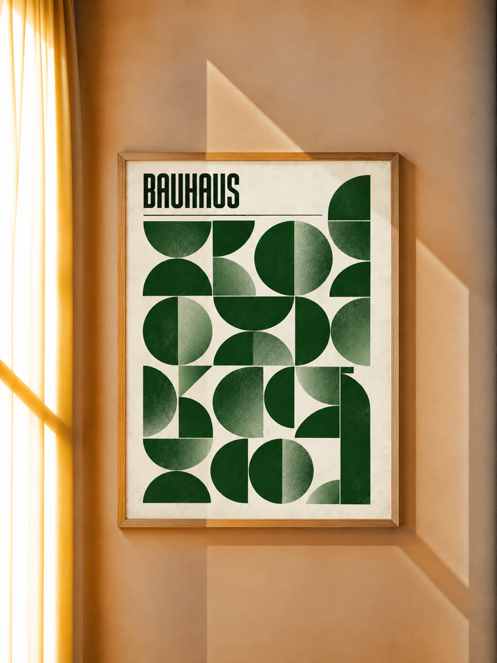 Green Bauhaus Art Print featuring deep forest green geometry against a warm cream background