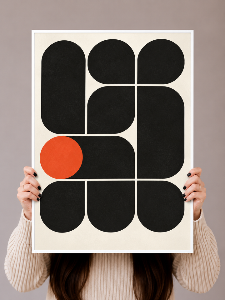 Bauhaus Modular Art Print displayed above a red cabinet in a softly lit contemporary interior