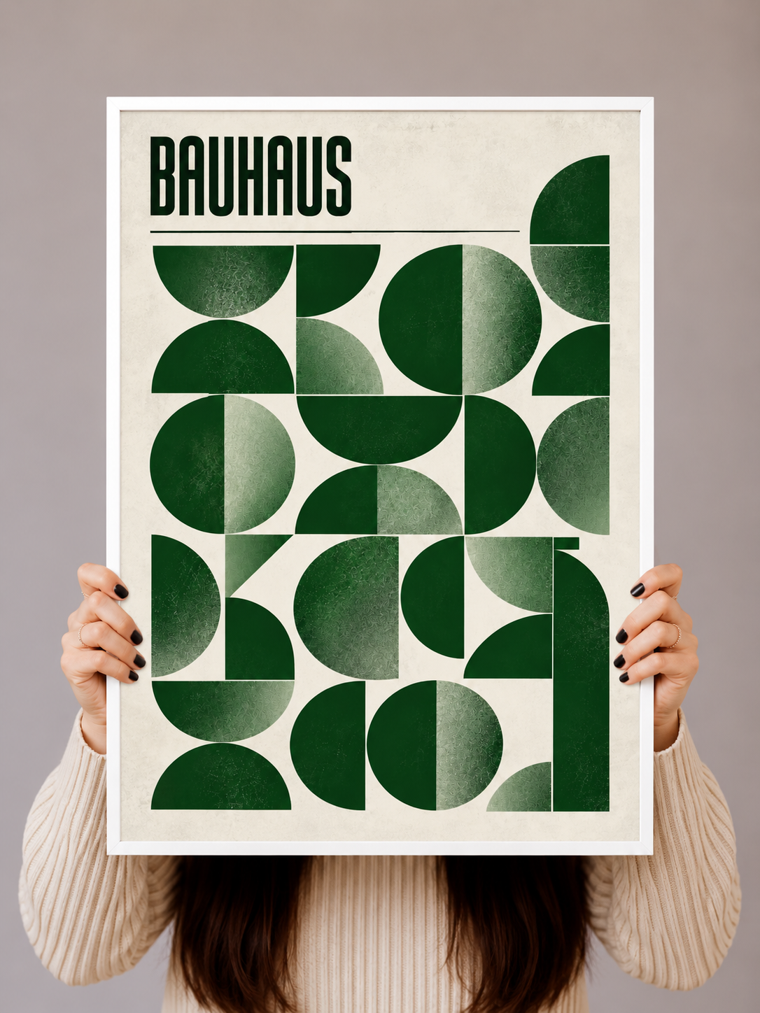 Green Bauhaus Art Print displayed above a red cabinet in a softly lit design focused interior