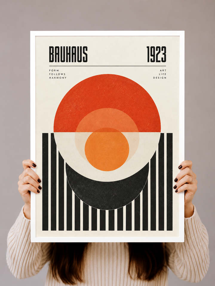 Bauhaus Geometric Art Print displayed as colorful modernist wall art in a warm contemporary interior